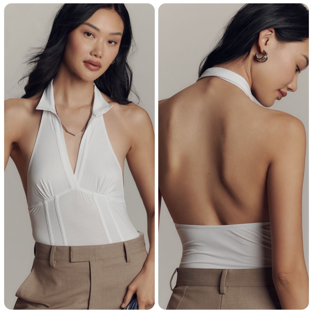 By Anthropologie White Jersey Collared Halter Bodysuit Women's Size Large NEW
